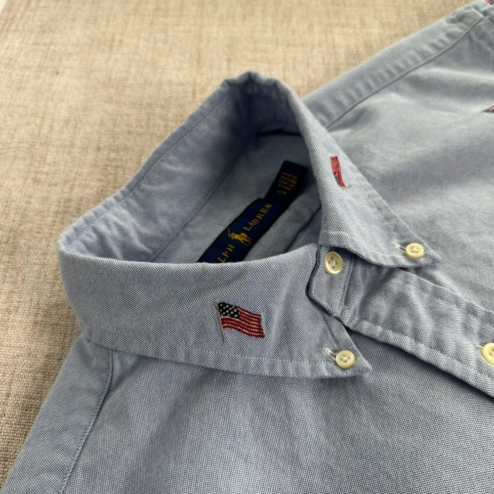 Polo Ralph Lauren L Blue Oxford Shirt American Flag Embroidered Short Sleeve